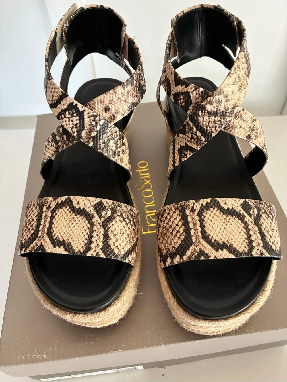 Franco Sarto Snake-Print Espadrille Wedge Sandals in Beige and Black